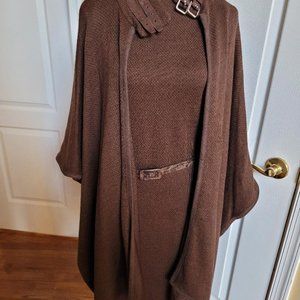 Two piece chocolate brown wool/silk/cashmere dress with open side cape.